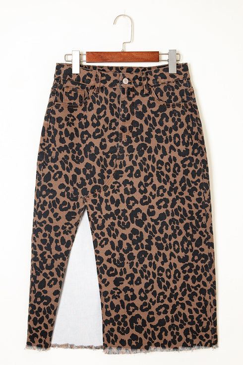 Leopard Print High Slit Frayed Hem Denim Midi Skirt